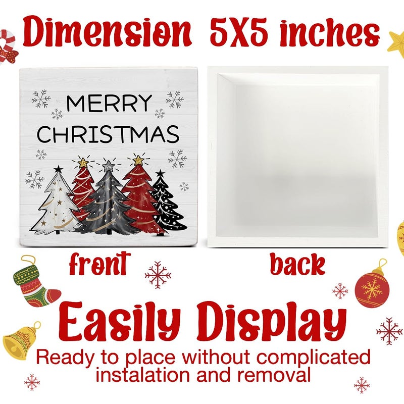 Zauly Farmhouse Christmas Decorations, Merry Christmas Decor Sign, Christmas Trees Snowflake Wood Sign Rustic Home Table Desk Decor (5 x 5 Inches) - Image 2